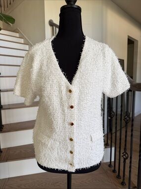 MNG Short Ivory Textured Button-Front Women's Jacket Sweater (M)